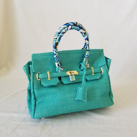 NWOT! Woven Jute Tote Handbag Purse with Scarf Handle and Lockable Front Straps - Picture 12 of 14